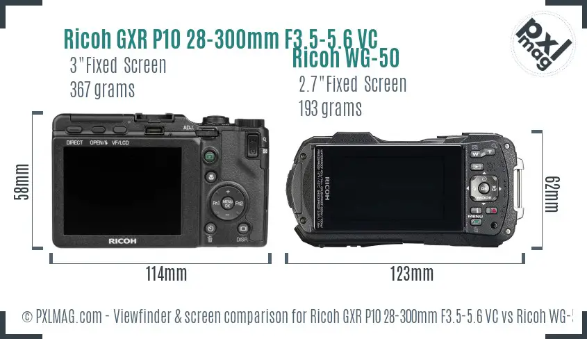 Ricoh GXR P10 28-300mm F3.5-5.6 VC vs Ricoh WG-50 Screen and Viewfinder comparison