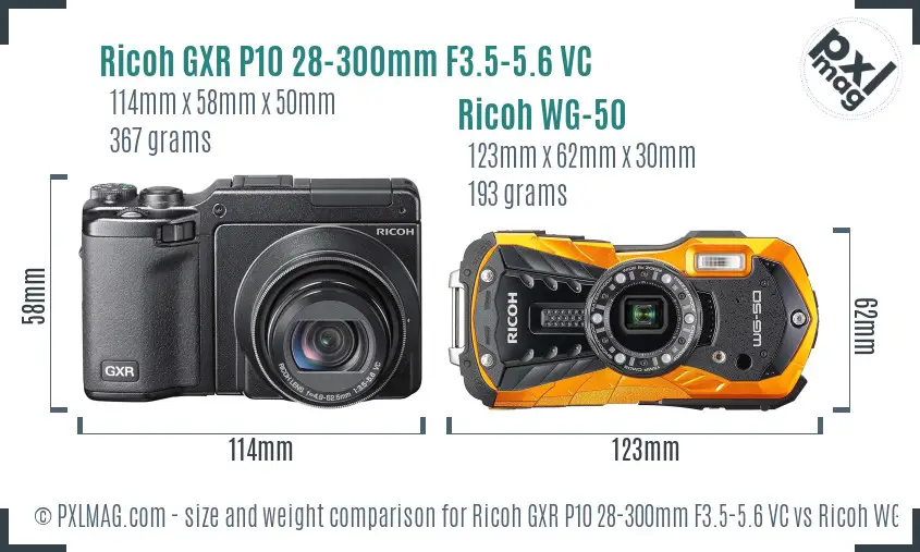 Ricoh GXR P10 28-300mm F3.5-5.6 VC vs Ricoh WG-50 size comparison