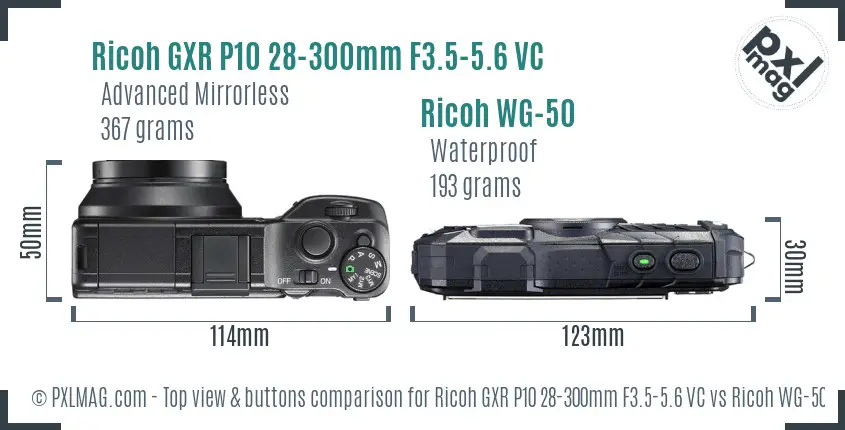 Ricoh GXR P10 28-300mm F3.5-5.6 VC vs Ricoh WG-50 top view buttons comparison
