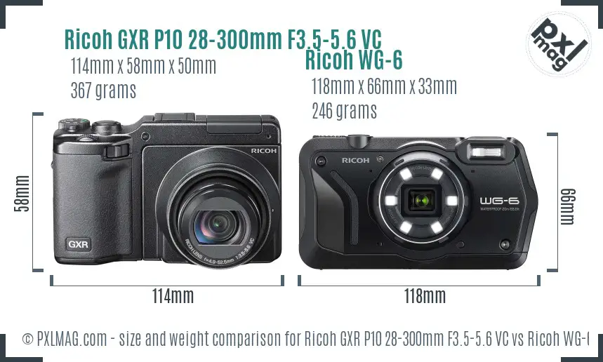 Ricoh GXR P10 28-300mm F3.5-5.6 VC vs Ricoh WG-6 size comparison