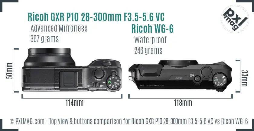 Ricoh GXR P10 28-300mm F3.5-5.6 VC vs Ricoh WG-6 top view buttons comparison