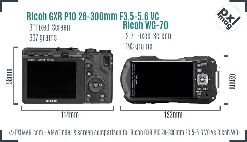 Ricoh GXR P10 28-300mm F3.5-5.6 VC vs Ricoh WG-70 Screen and Viewfinder comparison