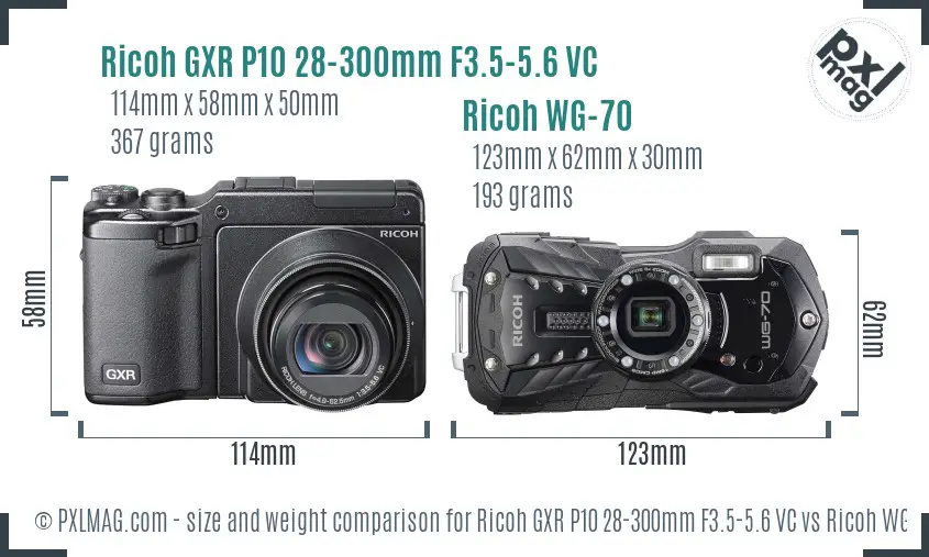 Ricoh GXR P10 28-300mm F3.5-5.6 VC vs Ricoh WG-70 size comparison