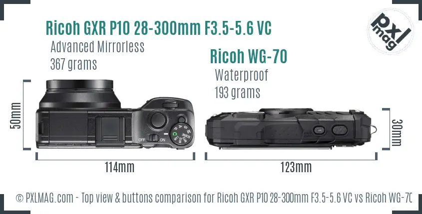 Ricoh GXR P10 28-300mm F3.5-5.6 VC vs Ricoh WG-70 top view buttons comparison