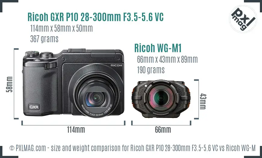 Ricoh GXR P10 28-300mm F3.5-5.6 VC vs Ricoh WG-M1 size comparison