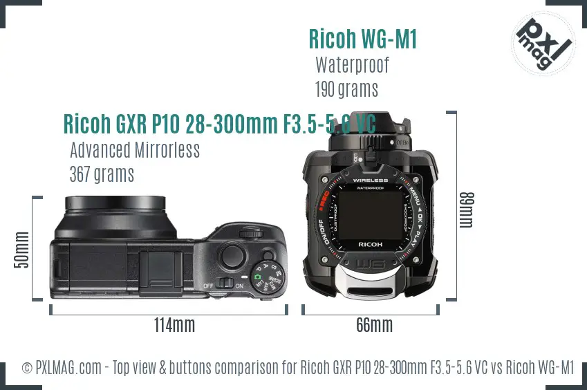 Ricoh GXR P10 28-300mm F3.5-5.6 VC vs Ricoh WG-M1 top view buttons comparison