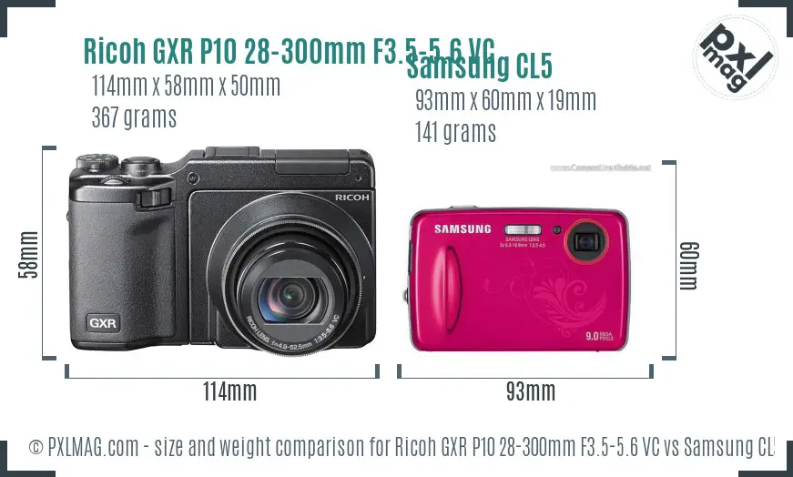 Ricoh GXR P10 28-300mm F3.5-5.6 VC vs Samsung CL5 size comparison