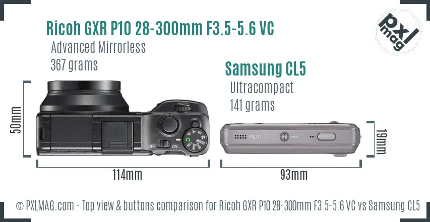 Ricoh GXR P10 28-300mm F3.5-5.6 VC vs Samsung CL5 top view buttons comparison