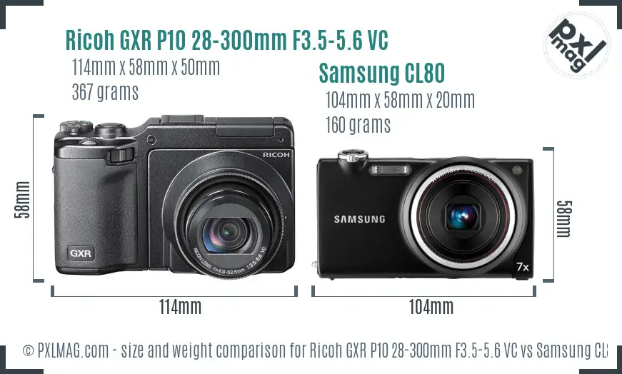 Ricoh GXR P10 28-300mm F3.5-5.6 VC vs Samsung CL80 size comparison