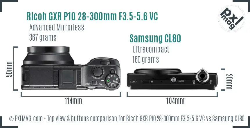 Ricoh GXR P10 28-300mm F3.5-5.6 VC vs Samsung CL80 top view buttons comparison