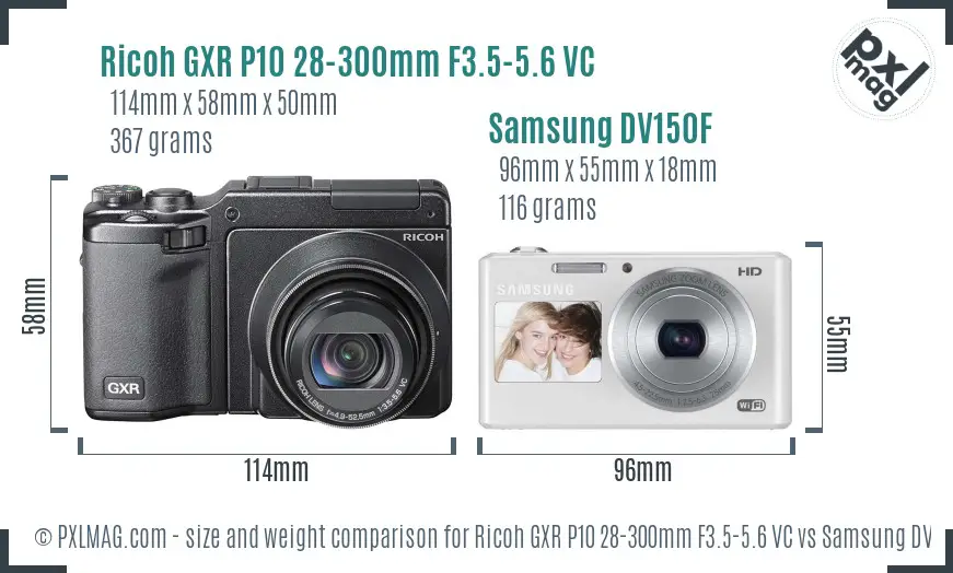 Ricoh GXR P10 28-300mm F3.5-5.6 VC vs Samsung DV150F size comparison
