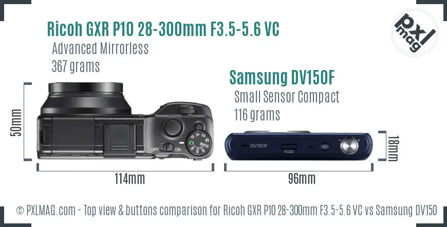 Ricoh GXR P10 28-300mm F3.5-5.6 VC vs Samsung DV150F top view buttons comparison