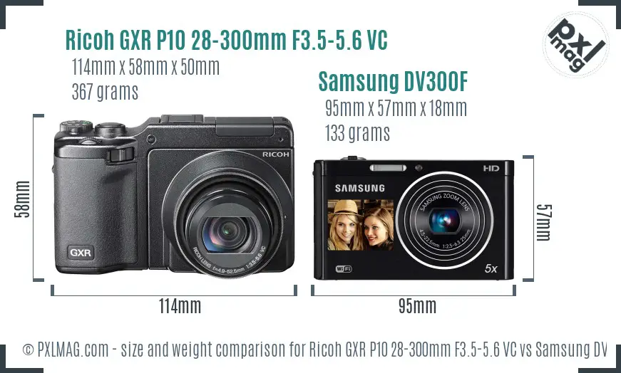 Ricoh GXR P10 28-300mm F3.5-5.6 VC vs Samsung DV300F size comparison