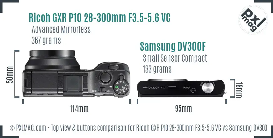 Ricoh GXR P10 28-300mm F3.5-5.6 VC vs Samsung DV300F top view buttons comparison