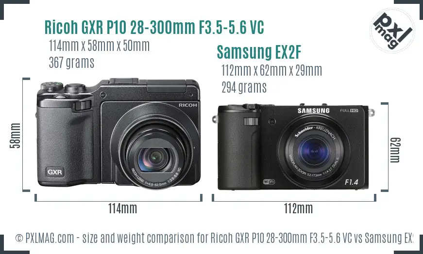 Ricoh GXR P10 28-300mm F3.5-5.6 VC vs Samsung EX2F size comparison