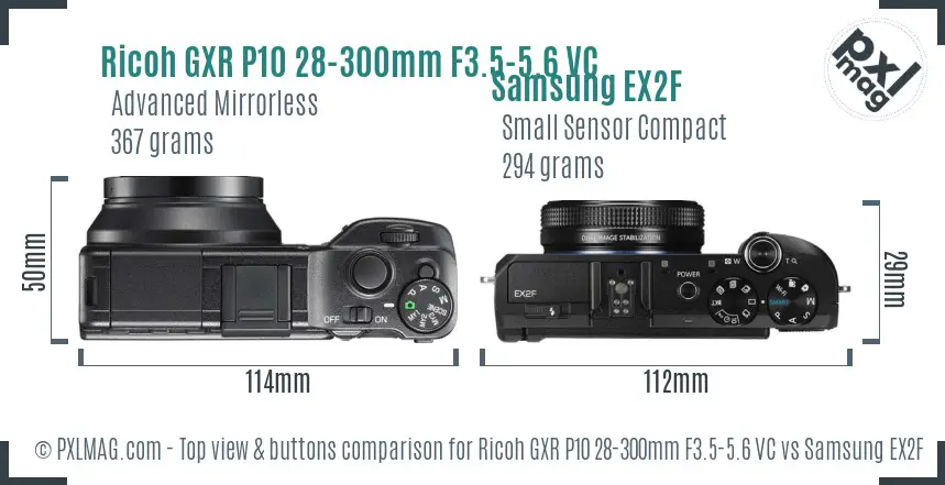 Ricoh GXR P10 28-300mm F3.5-5.6 VC vs Samsung EX2F top view buttons comparison
