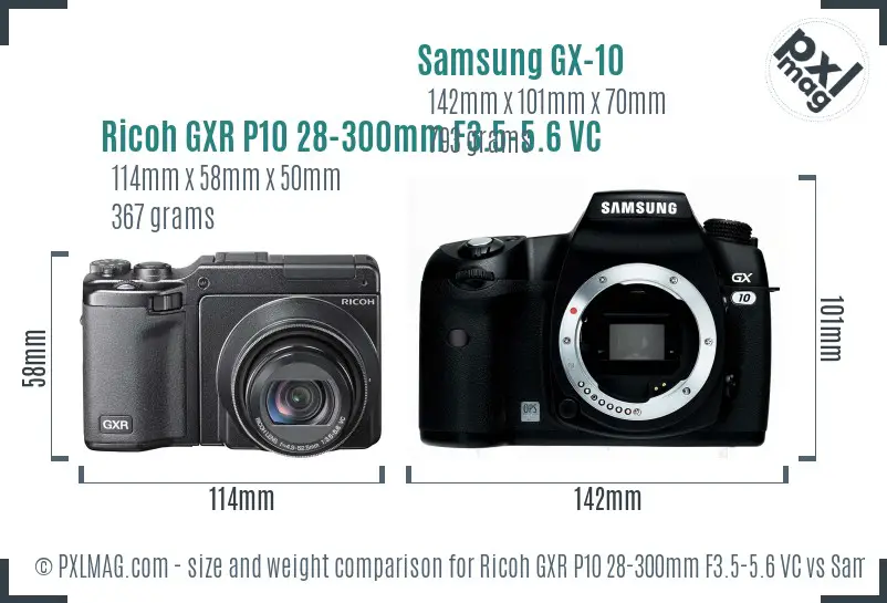 Ricoh GXR P10 28-300mm F3.5-5.6 VC vs Samsung GX-10 size comparison