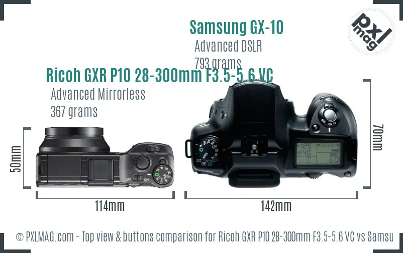 Ricoh GXR P10 28-300mm F3.5-5.6 VC vs Samsung GX-10 top view buttons comparison