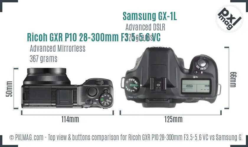 Ricoh GXR P10 28-300mm F3.5-5.6 VC vs Samsung GX-1L top view buttons comparison