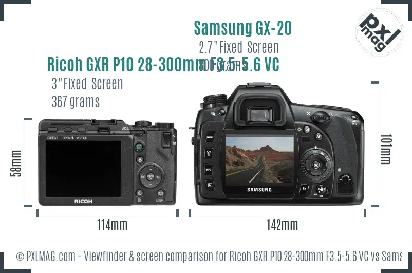 Ricoh GXR P10 28-300mm F3.5-5.6 VC vs Samsung GX-20 Screen and Viewfinder comparison