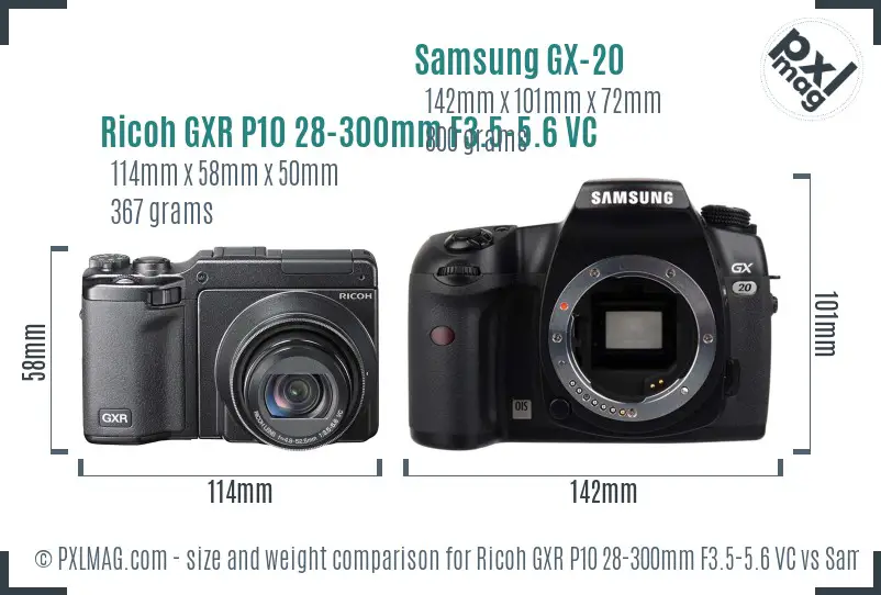 Ricoh GXR P10 28-300mm F3.5-5.6 VC vs Samsung GX-20 size comparison