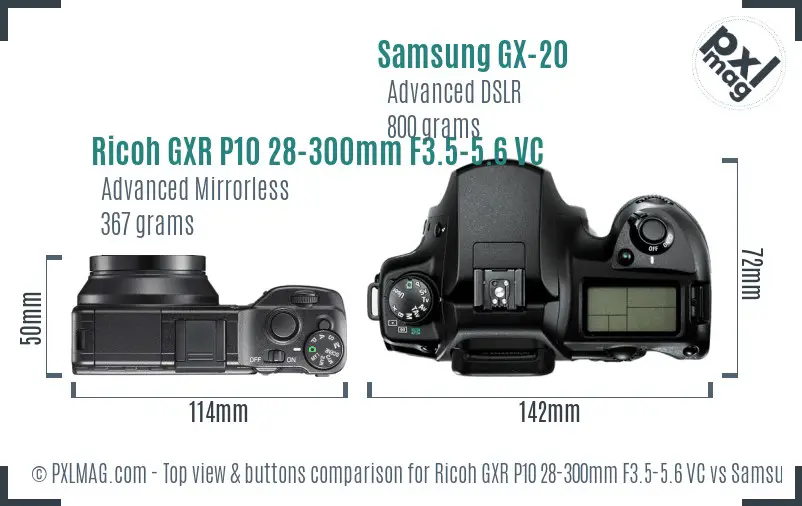 Ricoh GXR P10 28-300mm F3.5-5.6 VC vs Samsung GX-20 top view buttons comparison