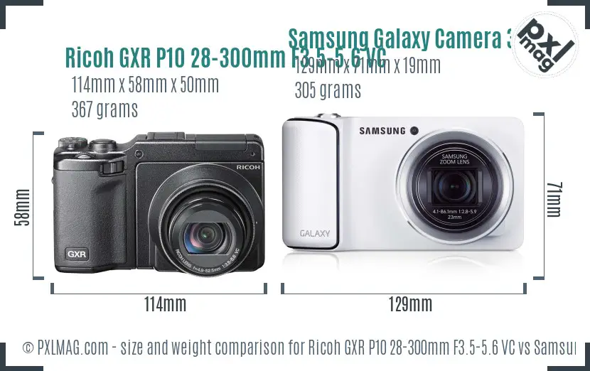 Ricoh GXR P10 28-300mm F3.5-5.6 VC vs Samsung Galaxy Camera 3G size comparison