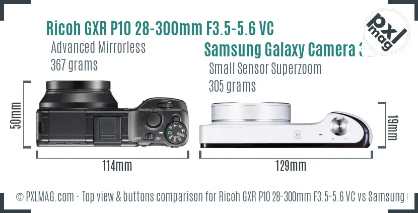 Ricoh GXR P10 28-300mm F3.5-5.6 VC vs Samsung Galaxy Camera 3G top view buttons comparison