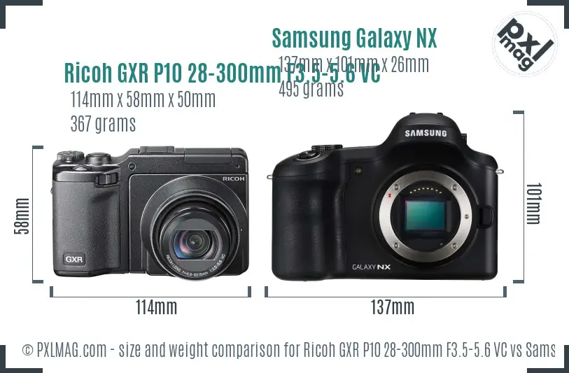 Ricoh GXR P10 28-300mm F3.5-5.6 VC vs Samsung Galaxy NX size comparison