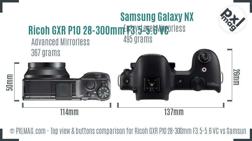 Ricoh GXR P10 28-300mm F3.5-5.6 VC vs Samsung Galaxy NX top view buttons comparison
