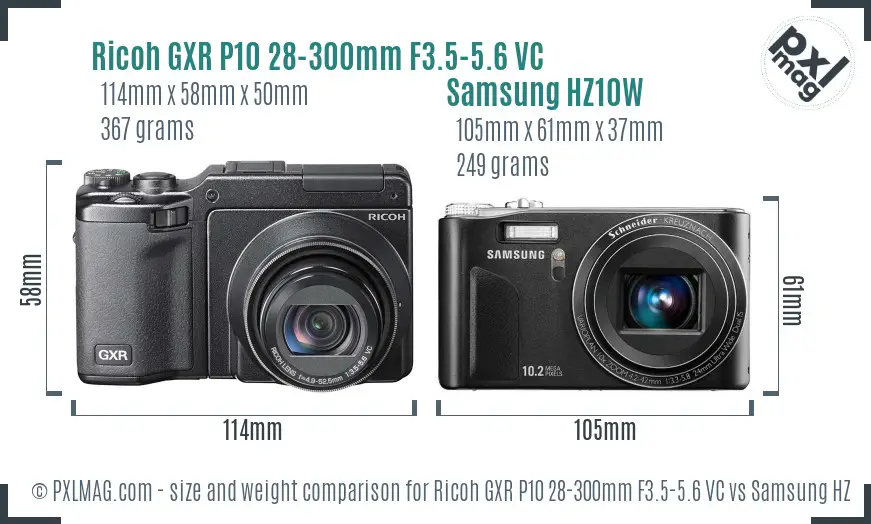 Ricoh GXR P10 28-300mm F3.5-5.6 VC vs Samsung HZ10W size comparison