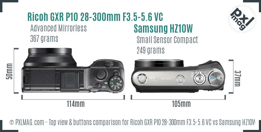 Ricoh GXR P10 28-300mm F3.5-5.6 VC vs Samsung HZ10W top view buttons comparison