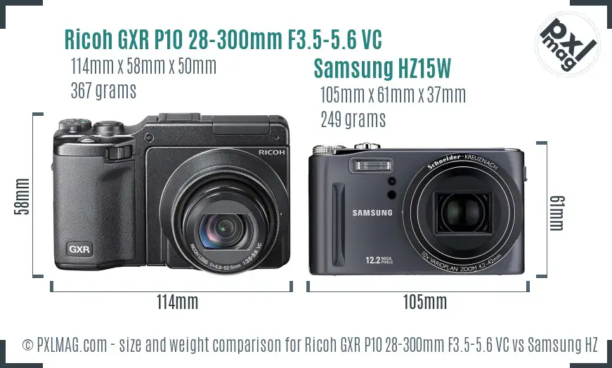 Ricoh GXR P10 28-300mm F3.5-5.6 VC vs Samsung HZ15W size comparison