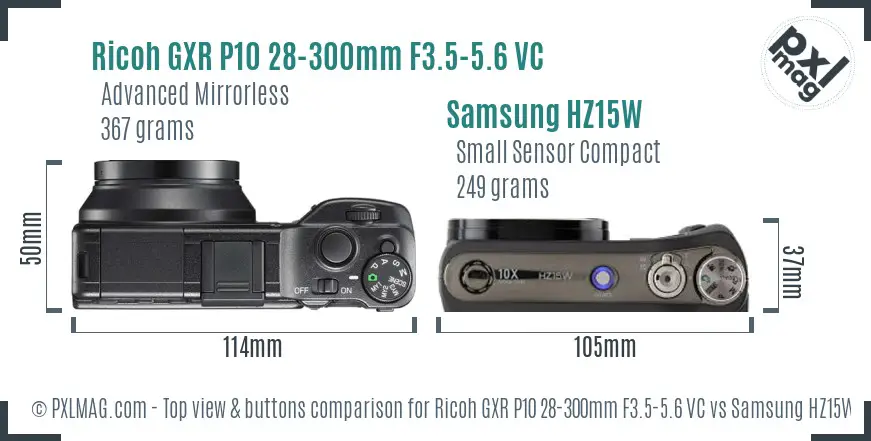 Ricoh GXR P10 28-300mm F3.5-5.6 VC vs Samsung HZ15W top view buttons comparison