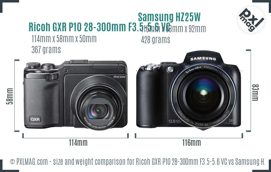 Ricoh GXR P10 28-300mm F3.5-5.6 VC vs Samsung HZ25W size comparison