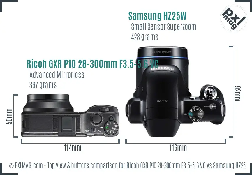 Ricoh GXR P10 28-300mm F3.5-5.6 VC vs Samsung HZ25W top view buttons comparison