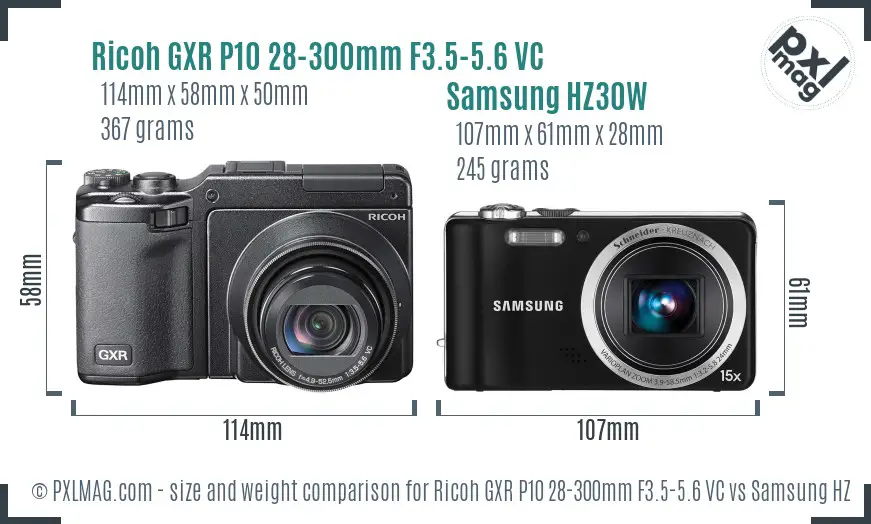 Ricoh GXR P10 28-300mm F3.5-5.6 VC vs Samsung HZ30W size comparison