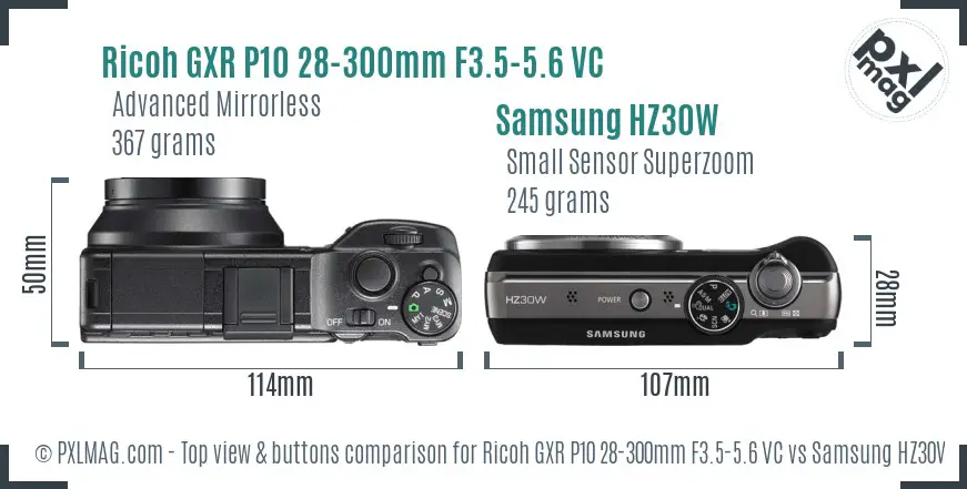 Ricoh GXR P10 28-300mm F3.5-5.6 VC vs Samsung HZ30W top view buttons comparison