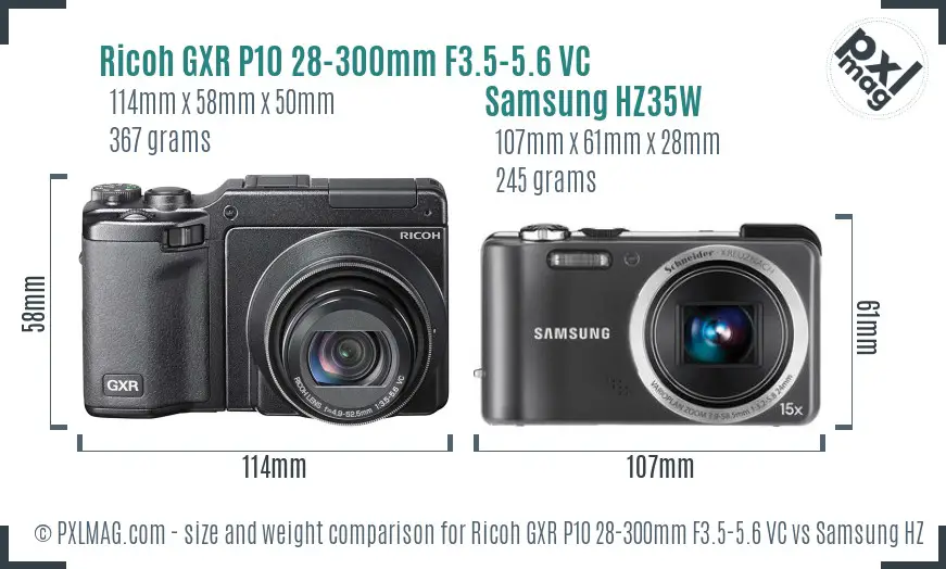 Ricoh GXR P10 28-300mm F3.5-5.6 VC vs Samsung HZ35W size comparison
