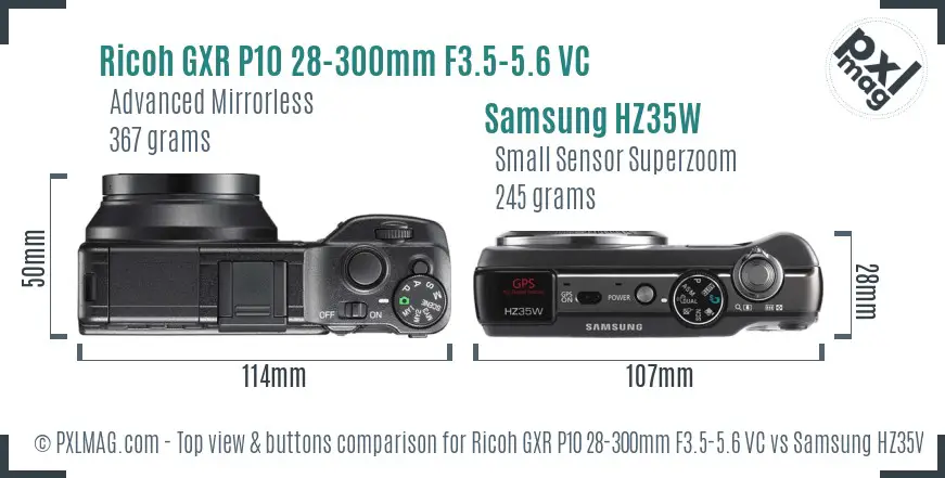 Ricoh GXR P10 28-300mm F3.5-5.6 VC vs Samsung HZ35W top view buttons comparison