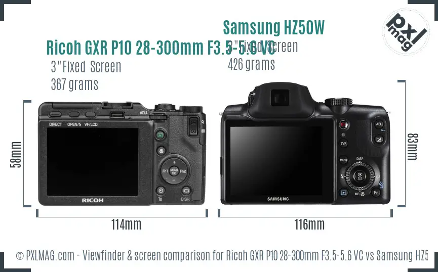 Ricoh GXR P10 28-300mm F3.5-5.6 VC vs Samsung HZ50W Screen and Viewfinder comparison