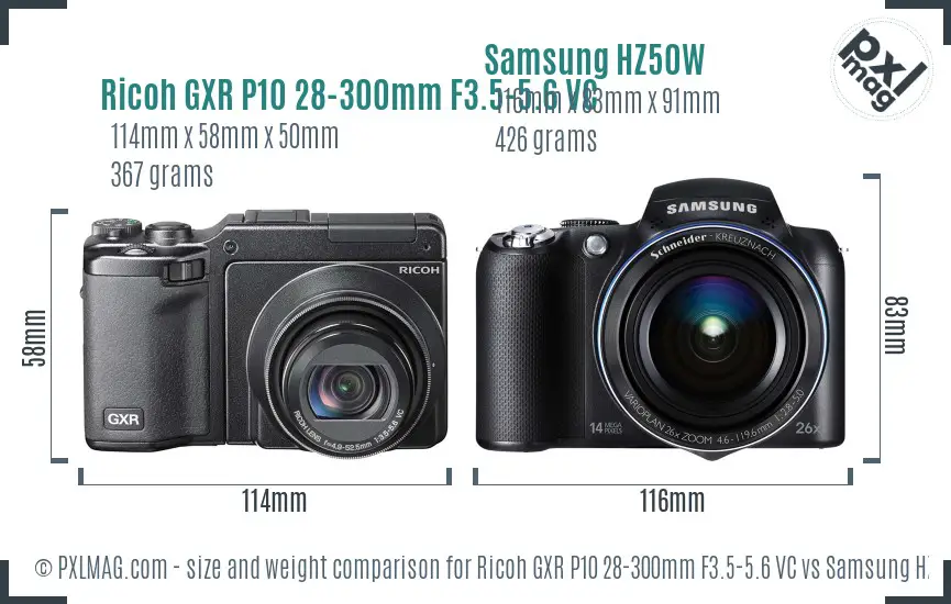 Ricoh GXR P10 28-300mm F3.5-5.6 VC vs Samsung HZ50W size comparison
