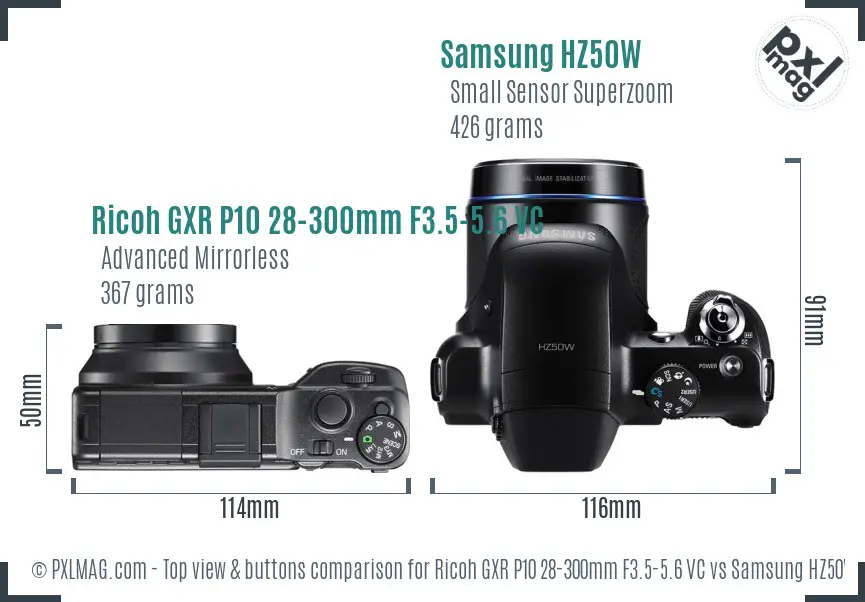 Ricoh GXR P10 28-300mm F3.5-5.6 VC vs Samsung HZ50W top view buttons comparison