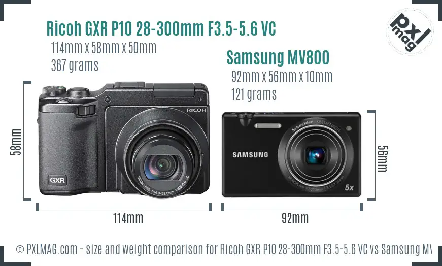 Ricoh GXR P10 28-300mm F3.5-5.6 VC vs Samsung MV800 size comparison