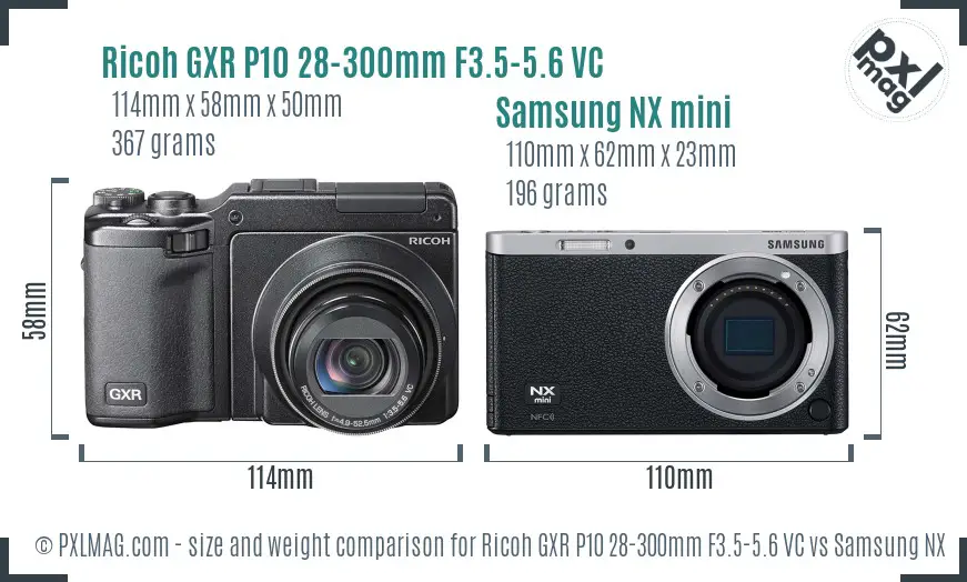 Ricoh GXR P10 28-300mm F3.5-5.6 VC vs Samsung NX mini size comparison