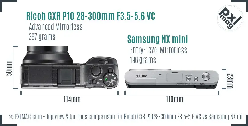 Ricoh GXR P10 28-300mm F3.5-5.6 VC vs Samsung NX mini top view buttons comparison