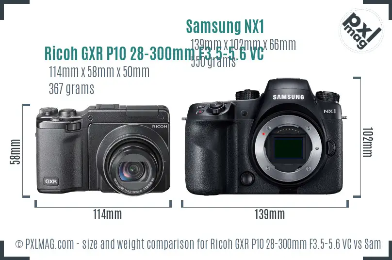 Ricoh GXR P10 28-300mm F3.5-5.6 VC vs Samsung NX1 size comparison