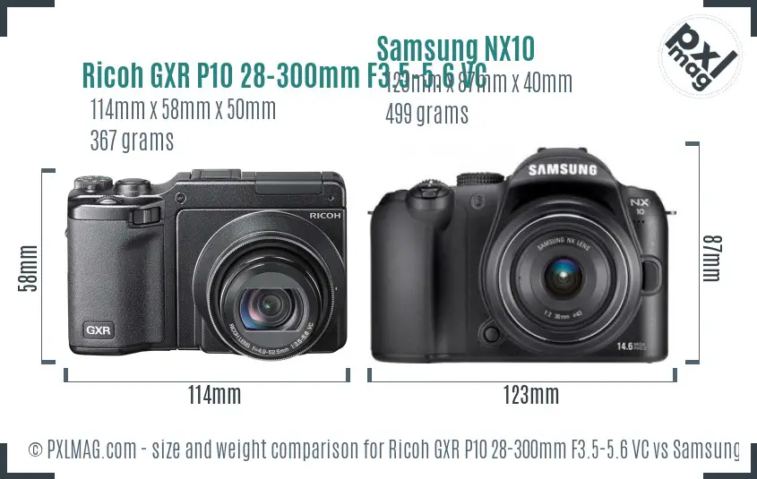 Ricoh GXR P10 28-300mm F3.5-5.6 VC vs Samsung NX10 size comparison