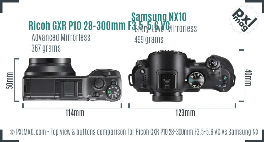 Ricoh GXR P10 28-300mm F3.5-5.6 VC vs Samsung NX10 top view buttons comparison