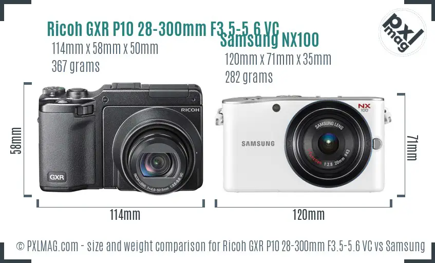 Ricoh GXR P10 28-300mm F3.5-5.6 VC vs Samsung NX100 size comparison